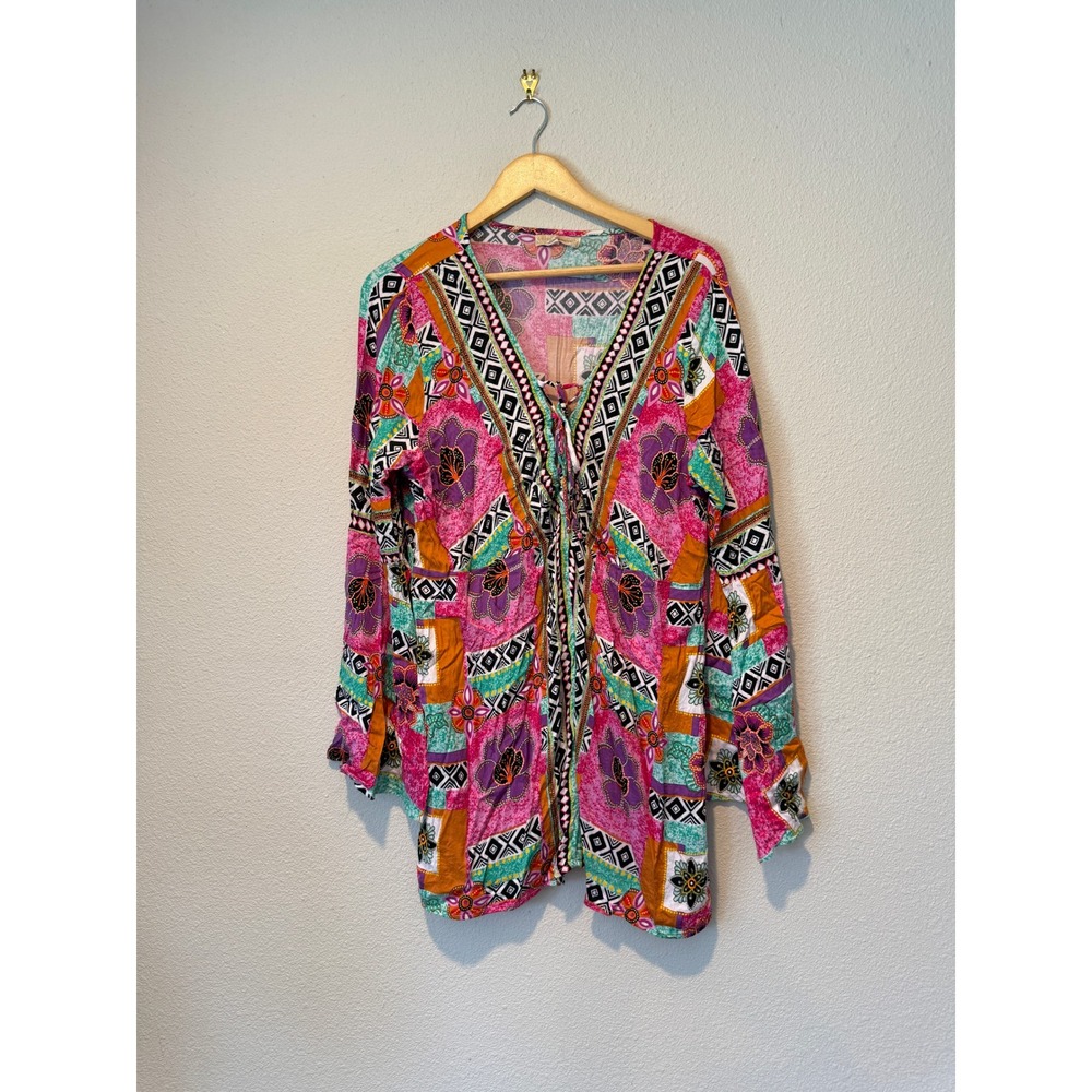 Green Dragon Womens XL Patchwork Floral Lace Up V-Neck Bell Sleeve Tunic Top